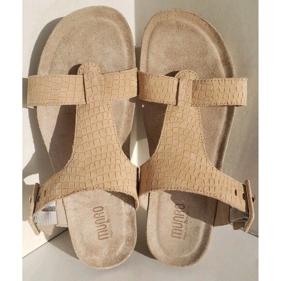 Munro Sandals Womens 9.5W Ronda TStrap Cork Wedge Slide Tan Leather Gator Print - Picture 3 of 12